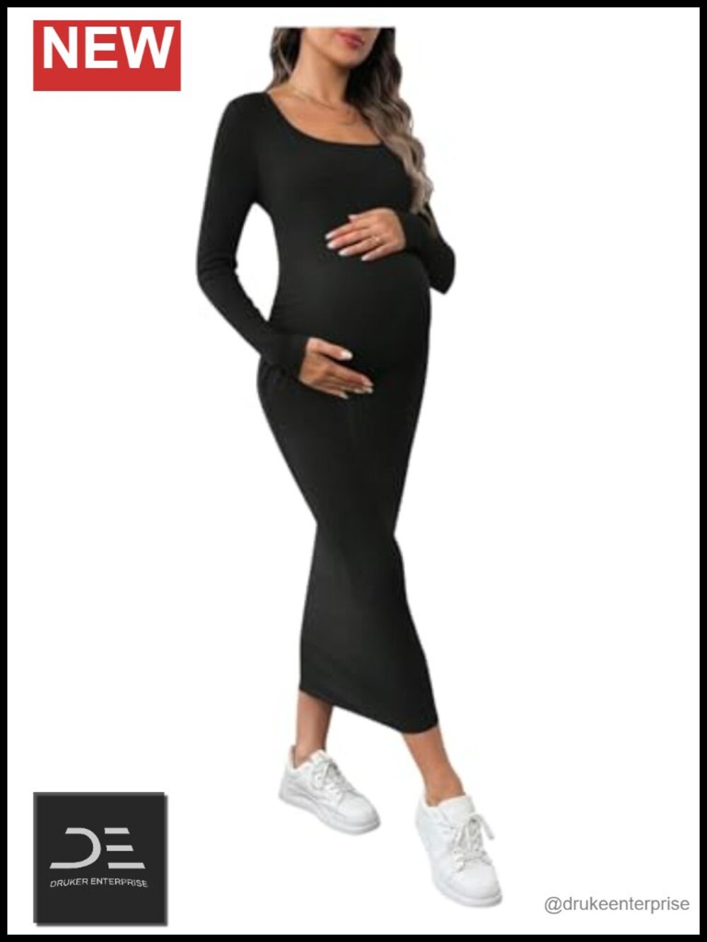Maternity Ribbed Bodycon Dress Long Sleeve Scoop Neck Stretchy Baby Shower